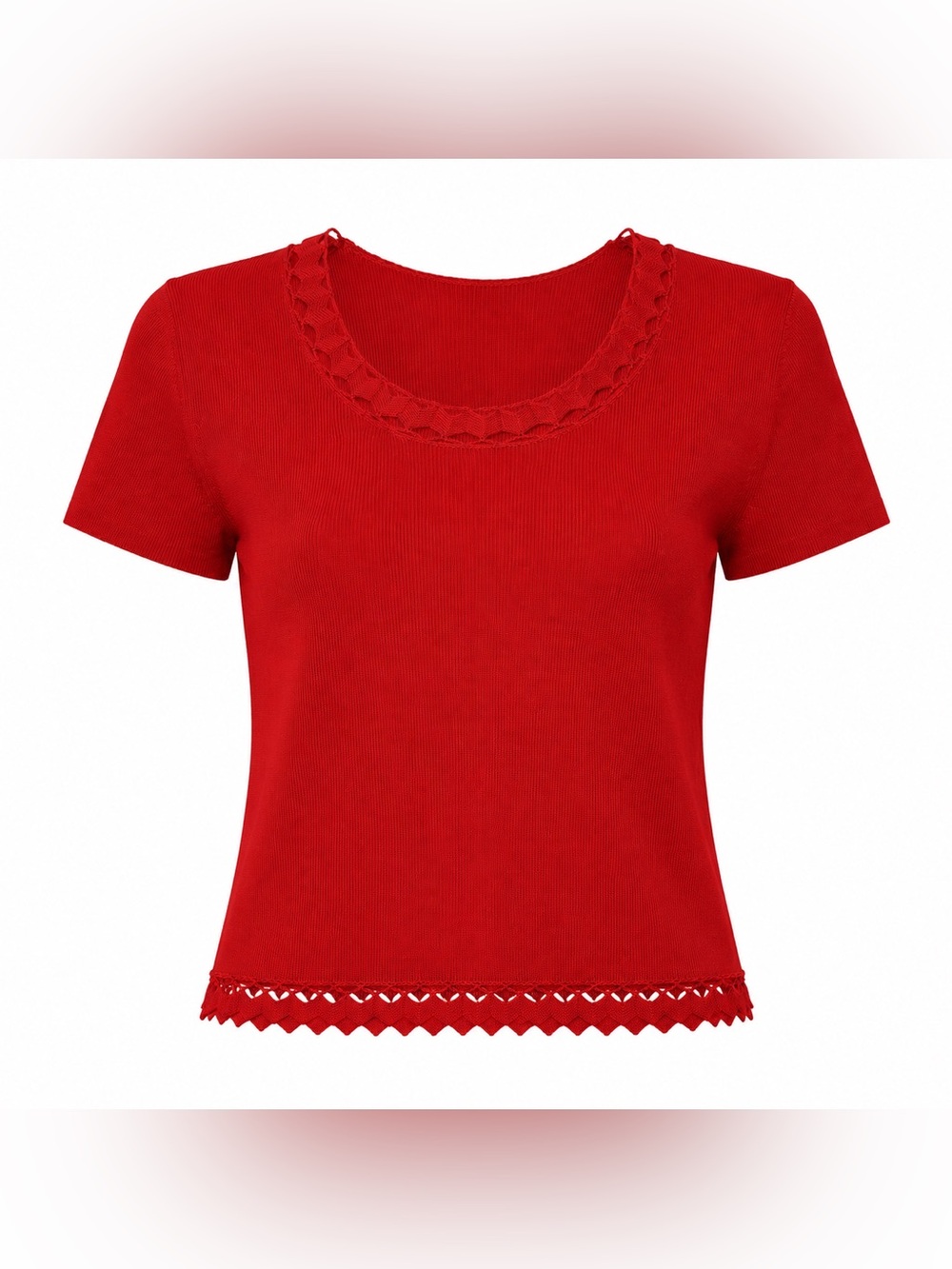 Requirements Red Short Sleeve Knit Top with Scallop Details